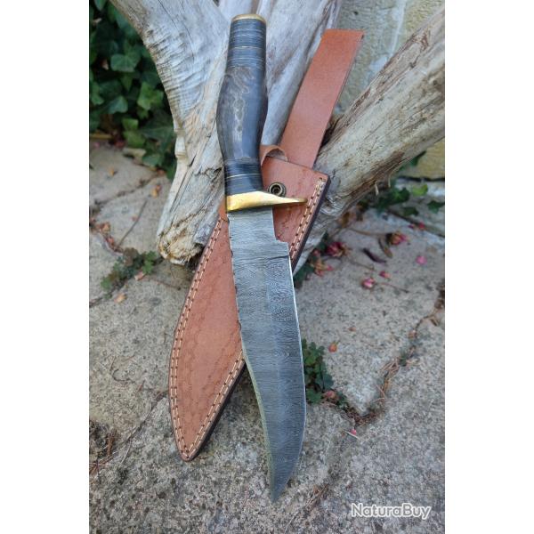 Puukko XXL Beau Couteau Damas Lame 256 Couches Clip Point Manche Blier Fabr Artisanale Etui Cuir