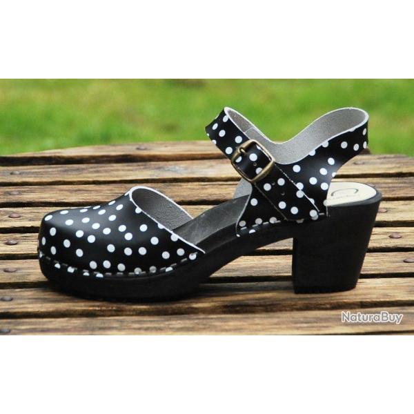 Chaussures bois et cuir  pois  talons hauts et brides femme noir  41 bois noir