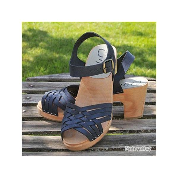Sandales sudoises en cuir velour bleu tress talon sky high T41 41 cuir bleu marine