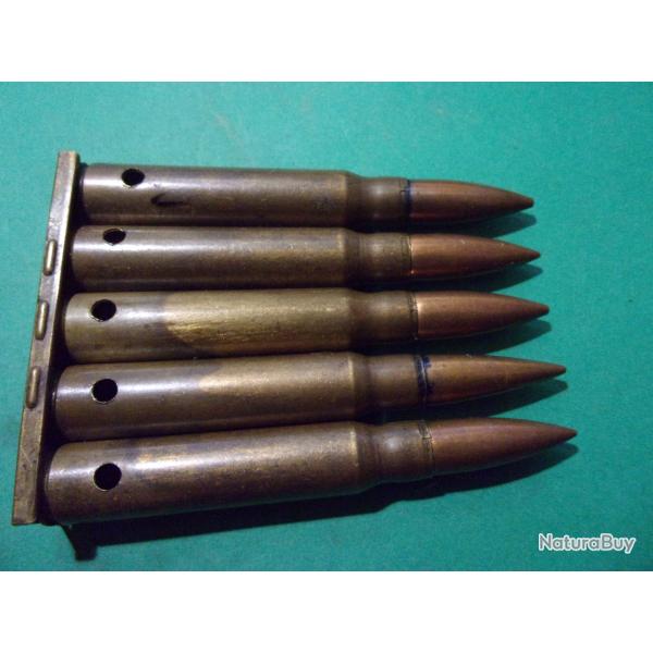 1 Clip avec 5 munitions en 7,92x57de 1936,  tui laiton, balle blinde cuivre, neutralises