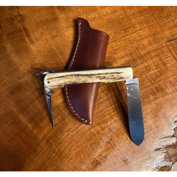 Couteau 66 vritable Meniere  bois de cerf et son tui gros cuir