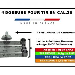 4 Cuillères doseuse, double dosette, Poudre noire / semoule pour Cal. 36 et 1 Entonnoir
