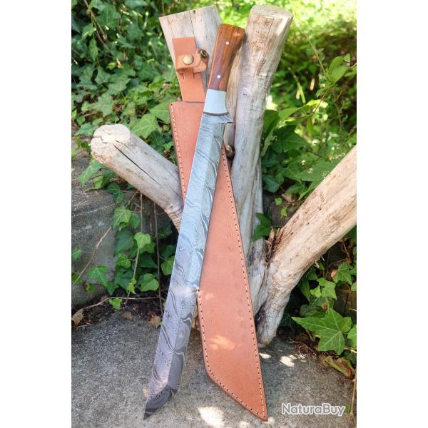 Katana Couteau Tanto Damas Lame 256 Couches Manche Bois Fabrication Artisanale Etui Cuir