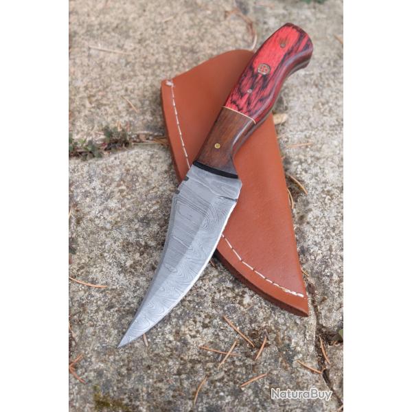 Couteau Skinner Damas Lame Upswept Acier 256 Couches Manche Fushia/Brown Etui Cuir Fabr Artisanale