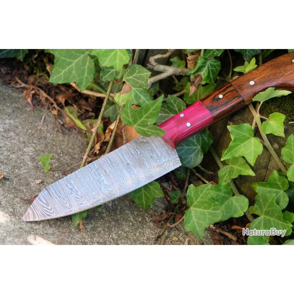 Couteau De Cuisine Santoku Lame Acier Damas 256 Couches Manche 3 Bois Fabrication Artisanale