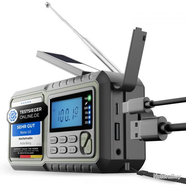 Radio d'urgence avec manivelle et batterie de 5000 mAh USB Lampe de Poche 3 Modes Radio Mto SOS