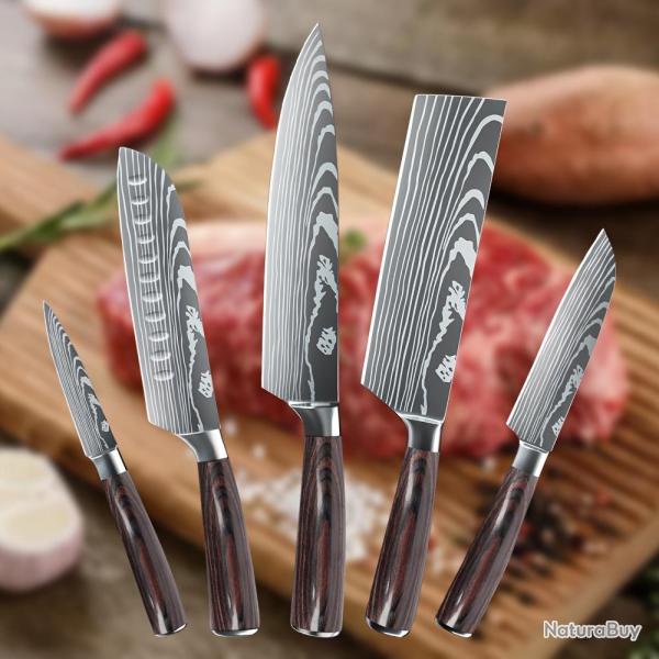 LOT EXCEPTIONNEL : Couteaux Cuisine Pro Motif Damas Lame Inox - lgance & Prcision !, Modele: 5pc