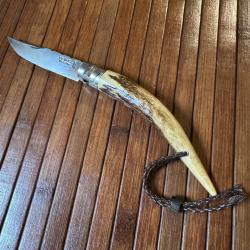 OPINEL N8 CUSTOM ARTISANAL UNIQUE MANCHE POINTE BOIS DE CERF LANIÈRE CUIR