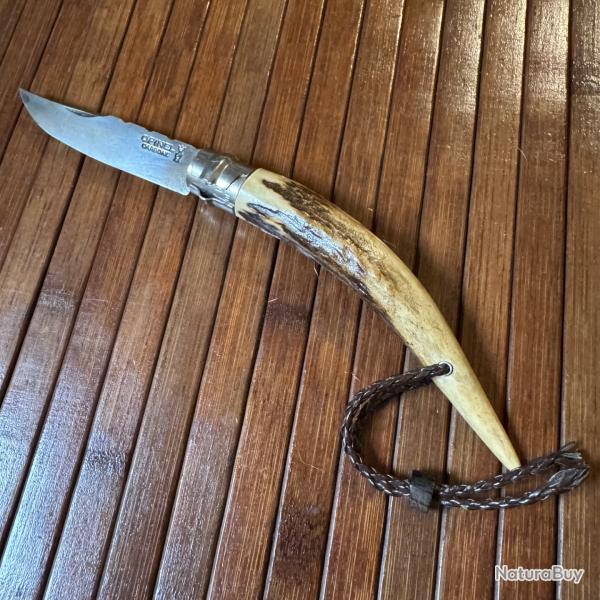 OPINEL N8 CUSTOM ARTISANAL UNIQUE MANCHE POINTE BOIS DE CERF LANIRE CUIR