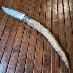 OPINEL N7 CUSTOM ARTISANAL UNIQUE MANCHE POINTE BOIS DE CERF SCULPTÉ D'UN CERF