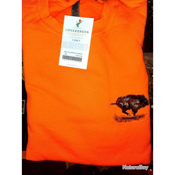 Sweat Col Rond Orange Brod Sanglier LOVERGREEN