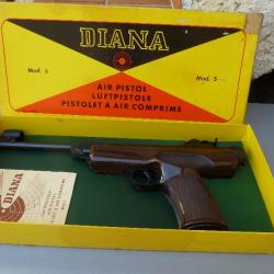 PISTOLET A PLOMB DIANA MODELE 5 du 11/72 AVEC SA BOITE ET SA NOTICE D'ORIGINE