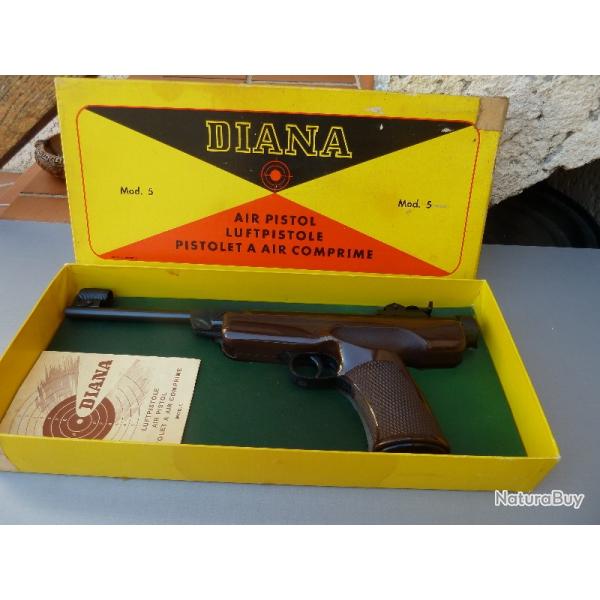 PISTOLET A PLOMB DIANA MODELE 5 du 11/72 AVEC SA BOITE ET SA NOTICE D'ORIGINE