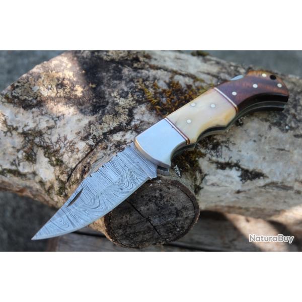 Couteau Lame Damas 128 Couches Manche Os & Bois Faon Buck 112 Fabrication Artisanale Lockback