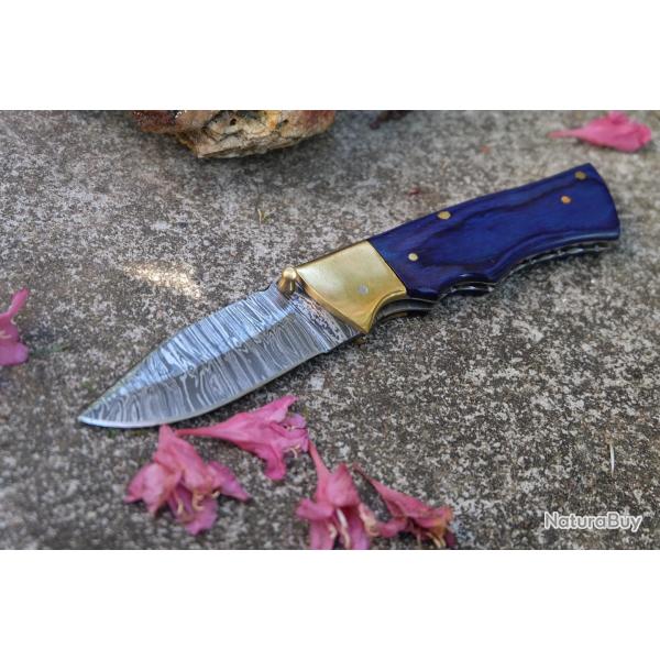 Beau Couteau Damas Lame Drop Point 128 Couches Manche Atlantide Fabrication Artisanale Linerlock