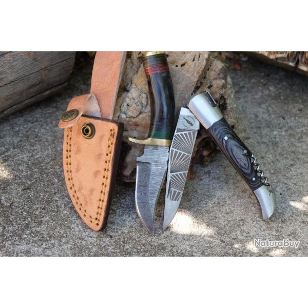 Little Couteau Damas Corne Lame 256 Couches Etui Cuir + Faon Laguiole Acier Inox TBouchons Artisan