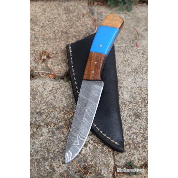 Couteau Skinner Damas Lame Drop Point Acier 256 Couches Manche Bois Rsine Etui Cuir Fab Artisanale