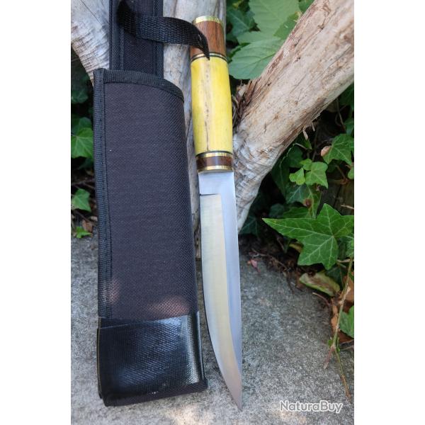 Poignard Puukko Couteau Lame Acier Carbone 1055 Manche Os Fabric Artisanale Etui Nylon Nordic Style