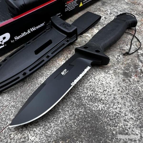 Couteau Bushcraft Survie Smith&Wesson GripSwap M&P Tactical Lame Acier 8Cr13Mov Manche GFN Etui