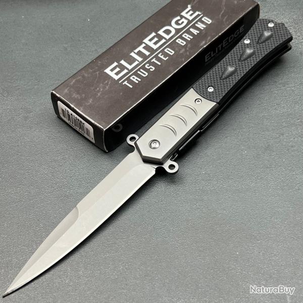 Couteau Semi AUtomatique Tactical Dague ElitEdge Linerlock G10 Noir Lame Acier 420C Clip