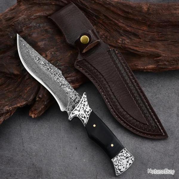 Couteau de chasse lame imitation acier damas - LIVRAISON GRATUITE