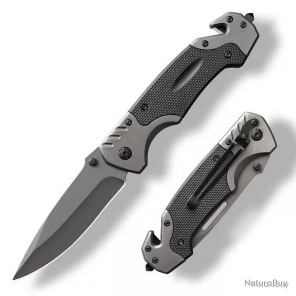 Couteau tactique pliant avec brise-vitre et coupe ceinture - gris - LIVRAISON GRATUITE