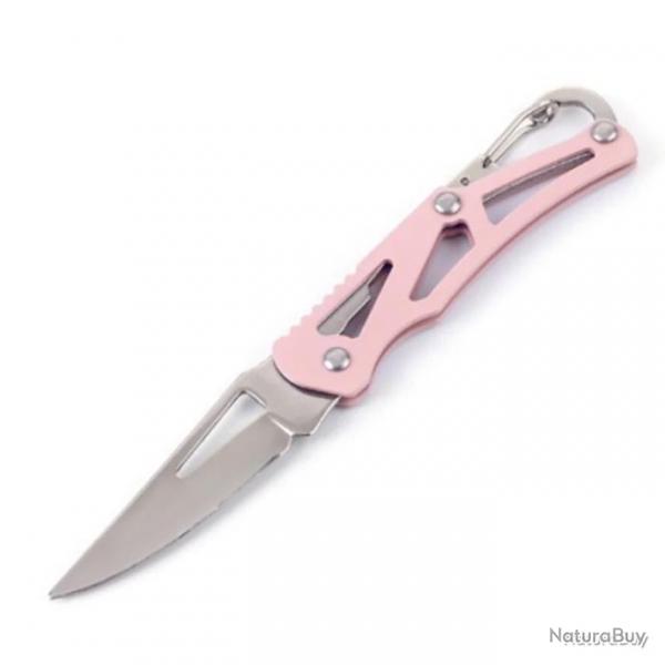 Couteau de poche pliable avec mousqueton - rose - LIVRAISON GRATUITE