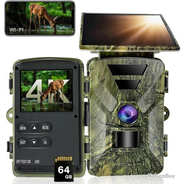Camra de Chasse Solaire Wi-FI 4K HD Camra Chasse avec App 5200mAh Batterie Rechargeable tlphone