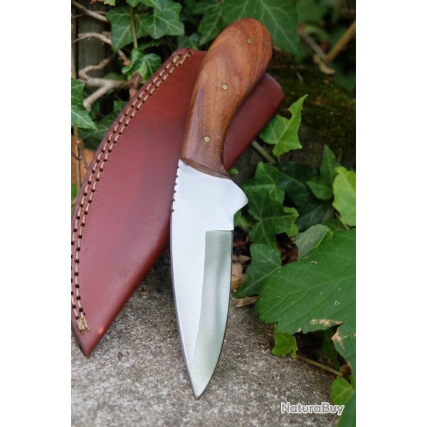Couteau De Chasse Skinner Bushcraft Lame Acier Carbone 1055 Manche Bois Crosse Etui Cuir Artisan