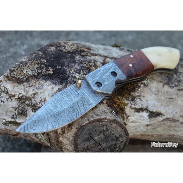 Beau Couteau Damas Lame 128 Couches Manche Bois/Os Mitres Damas Fab Artisanale Linerlock 002