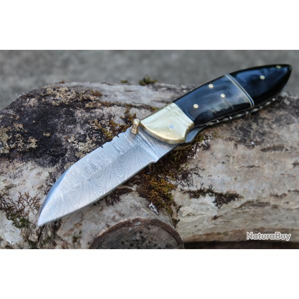 Beau Couteau Damas Lame Sheepfoot 128 Couches Manche Blier & Rsine Fab Artisanale Linerlock01