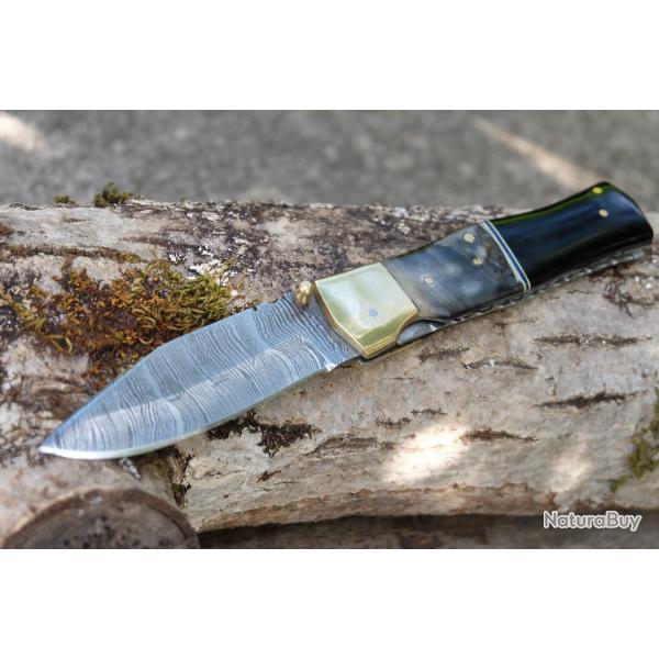 Beau Couteau Damas Lame Drop Point 128 Couches Manche Blier & Rsine Fabric Artisanale Linerlock01