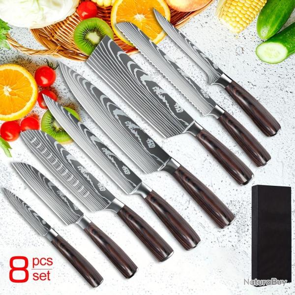 LOT EXCEPTIONNEL : Couteaux Cuisine Pro Motif Damas Lame Inox - lgance & Prcision !, Modele: 8pc