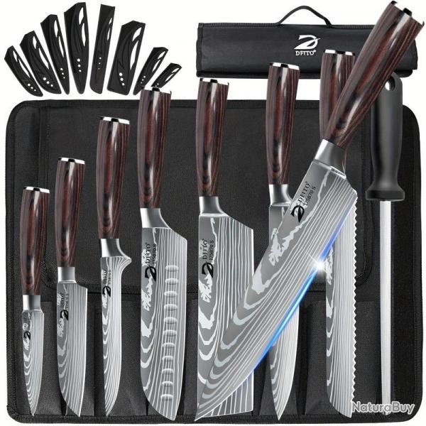 LOT EXCEPTIONNEL : Couteaux Cuisine Pro Motif Damas Lame Inox - lgance & Prcision !, Modele: 9pc