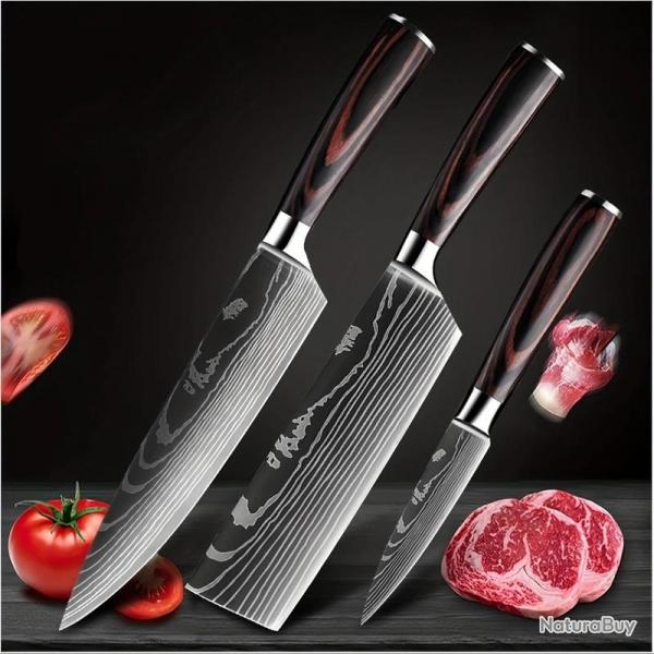 LOT EXCEPTIONNEL : Couteaux Cuisine Pro Motif Damas Lame Inox - lgance & Prcision !, Modele: 3pc