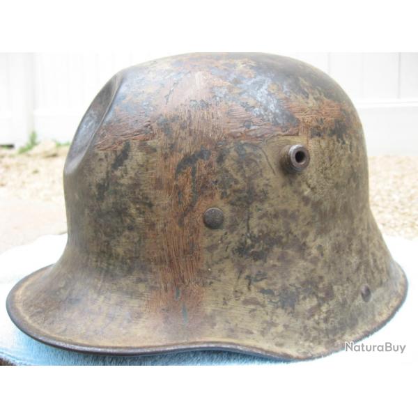 Casque allemand ww1 camoufl - M16 T.J. 66/ R.1111 - endommag au combat.