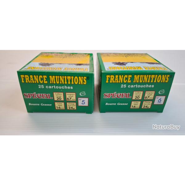 Cartouches FRANCE MUNITIONS cal 20/67 bourre grasse 24gr .N5 et 6  , 50 cartouches