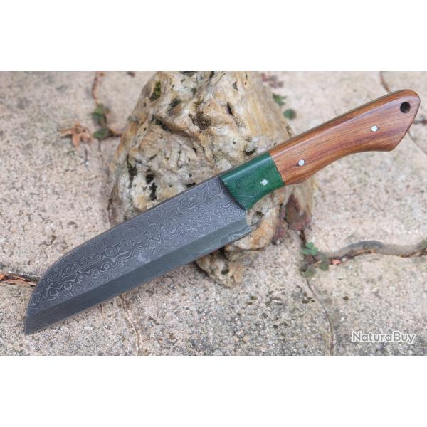 Couteau De Cuisine Santoku Lame Acier Damas 256 Couches Manche Bois & Micarta Fabric Artisanale