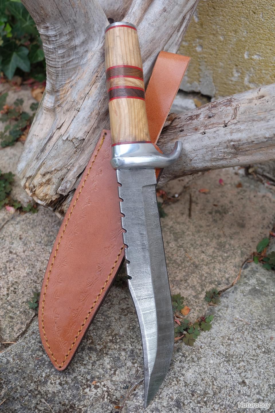 GROS COUTEAU BOWIE DE TRAPPEUR CHASSE LARGE LAME Acier Inox Manche Bois