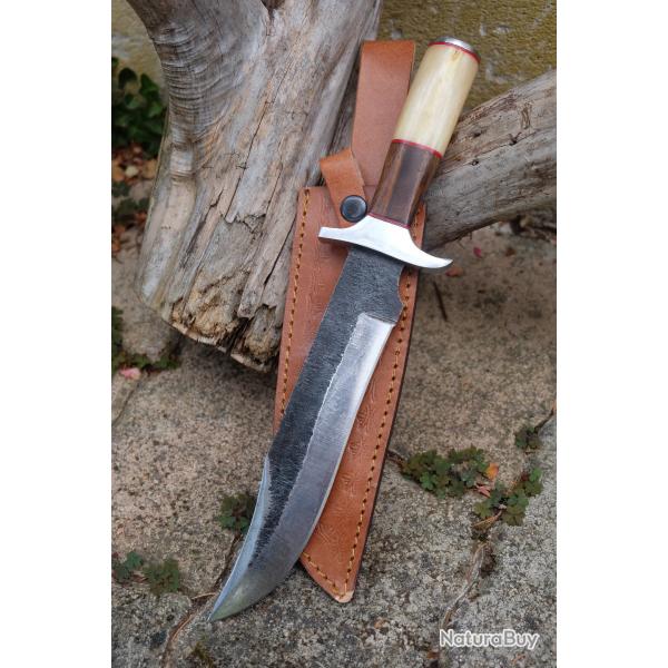 Poignard Bowie Couteau Chasseur Ours Lame Acier Carbone 1075 Manche Bois/Os Etui Cuir Fab Artisanat