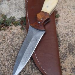 Couteau Dague Scottish Dirk Lame Acier Damas 256 Couches Manche Os & Bois Etui Cuir Fabr Artisanale