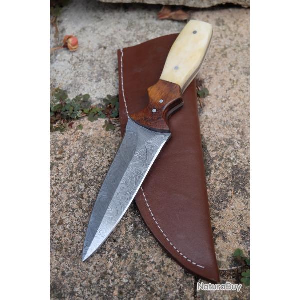 Couteau Dague Scottish Dirk Lame Acier Damas 256 Couches Manche Os & Bois Etui Cuir Fabr Artisanale