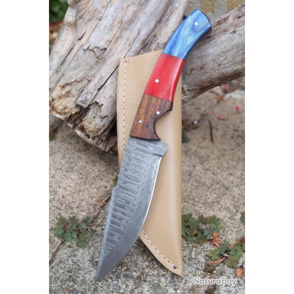 Couteau De Chass Damas Lame Drop Point Acier 256 Couches Manche Bois/Rsine Etui Cuir Fab Artisanale