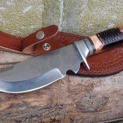 Gros Couteau de Chasse à Dépecer Découpe Bowie Lame Acier Carbone Manche Os Etui Cuir 2005