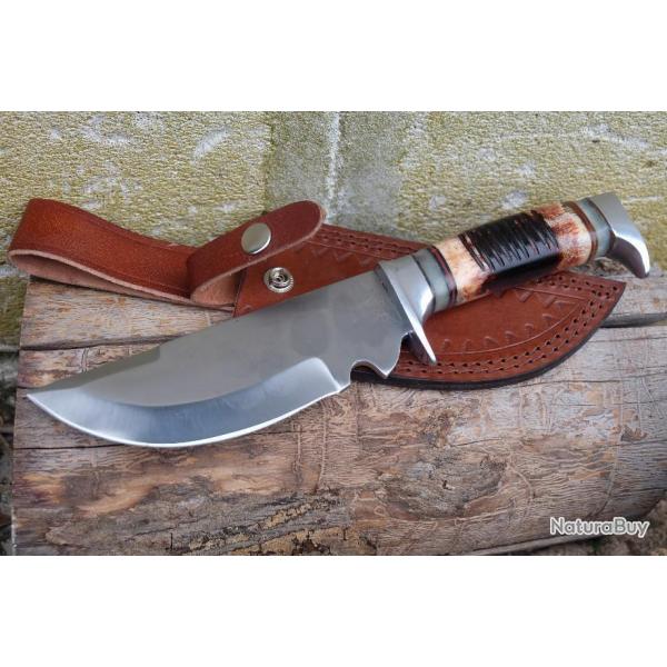 Gros Couteau de Chasse  Dpecer Dcoupe Bowie Lame Acier Carbone Manche Os Etui Cuir 2005