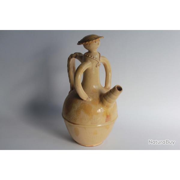 Grande cruche figurative terre vernisse Poterie Cliousclat Art populaire