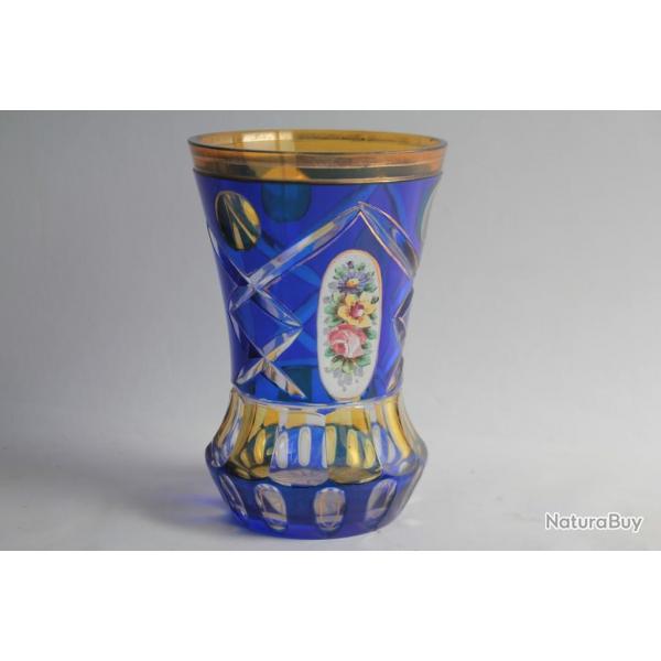 Vase cristal taill overlay bleu jaune Fleurs Bohme