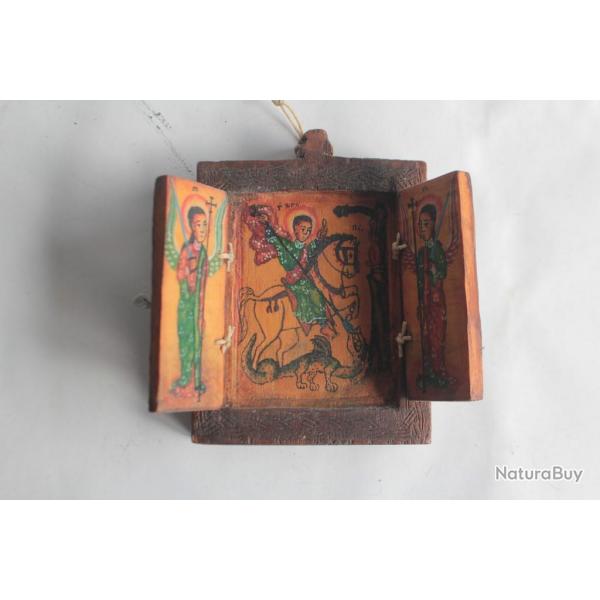 Icne orthodoxe triptyque bois peint Croix Copte thiopie