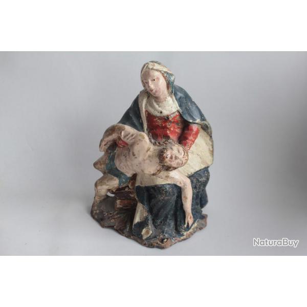Ancienne Sculpture bois polychrome Pieta Vierge de Pit