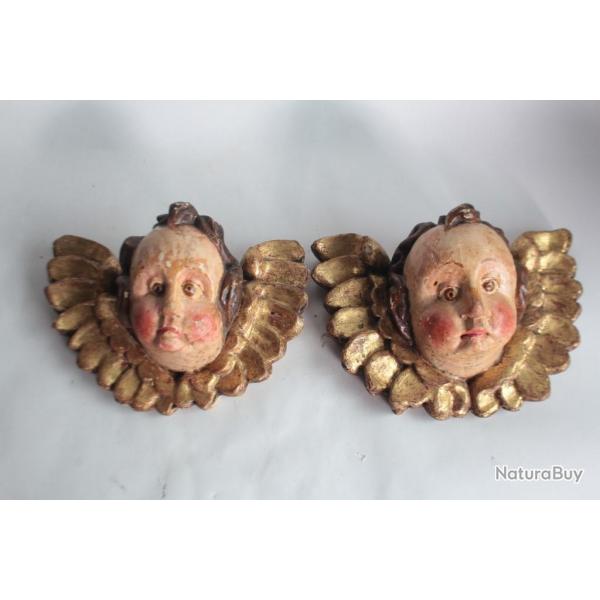Ancienne paire Putti ttes d'anges bois polychrome et dor